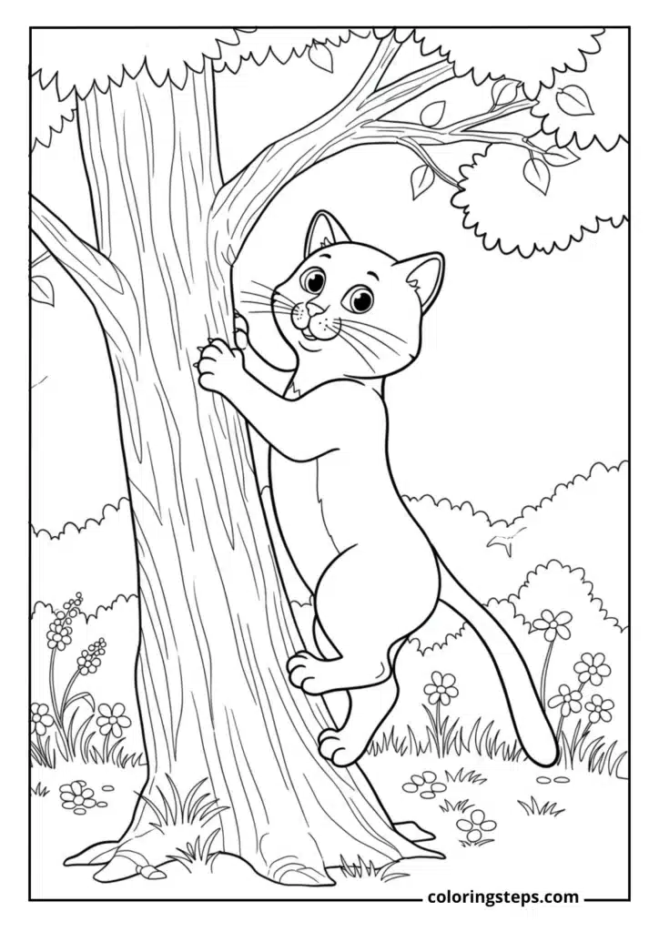 Adventurous Cat Climbing a Tree