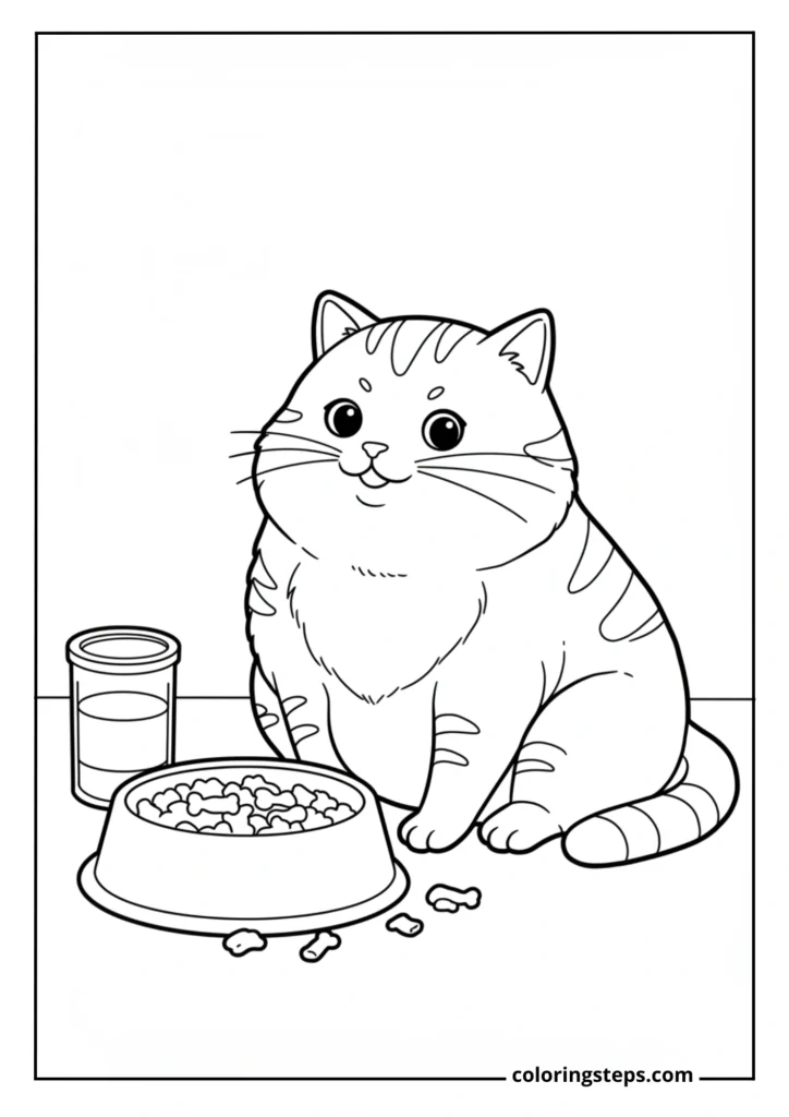 Fat Cat Eating from Food Bowl