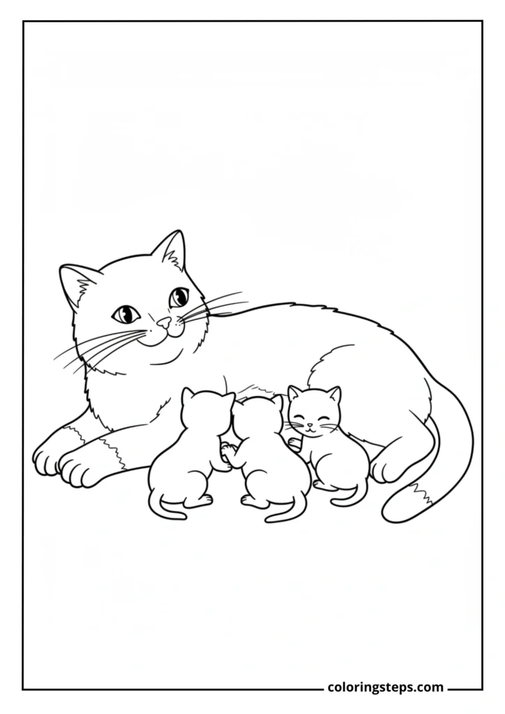 Mother Cat with Nursing Kittens