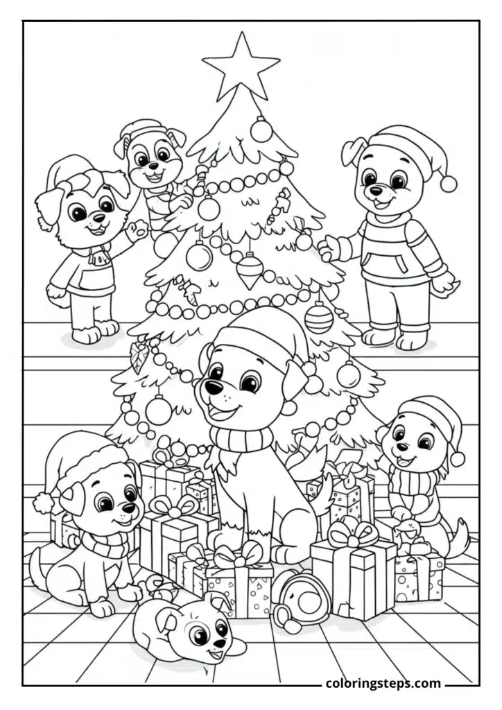 Pups around a Christmas tree with presents