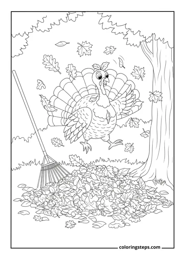 Turkey Playing in Autumn Leaves