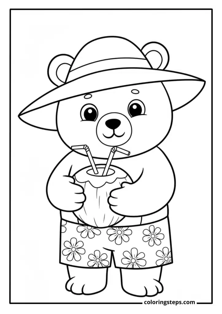 Cute Beach Bear with Coconut Drink